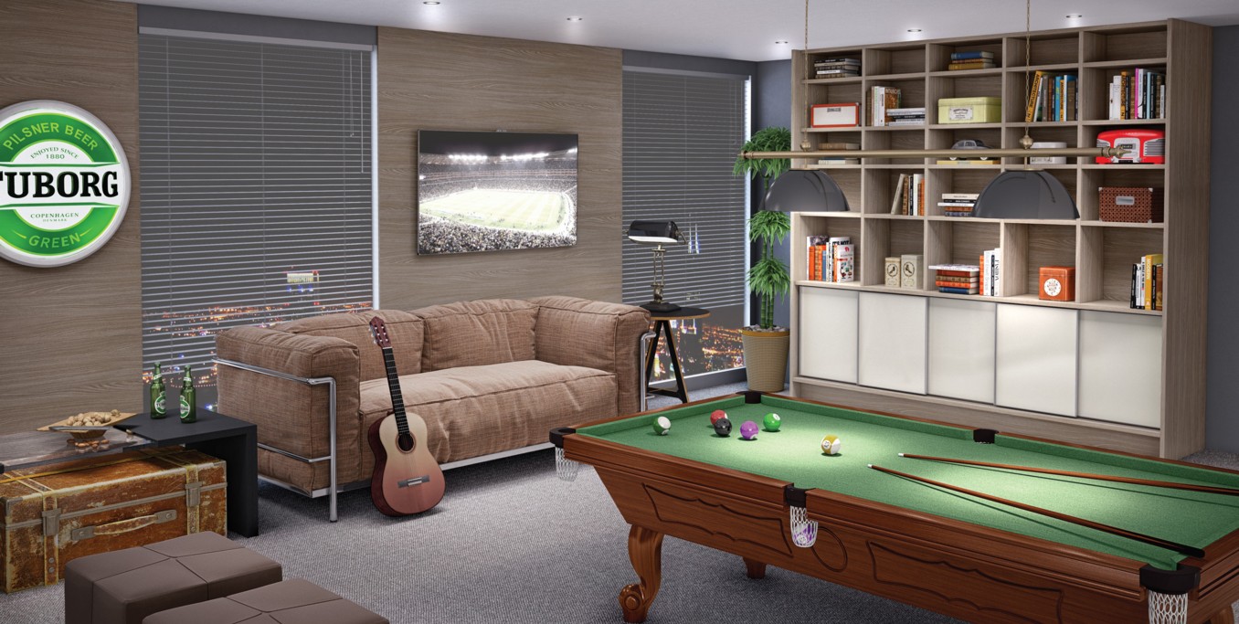 Sala de jogos de sinuca e pôquer decorada com luxuosos móveis planejados e  planejados